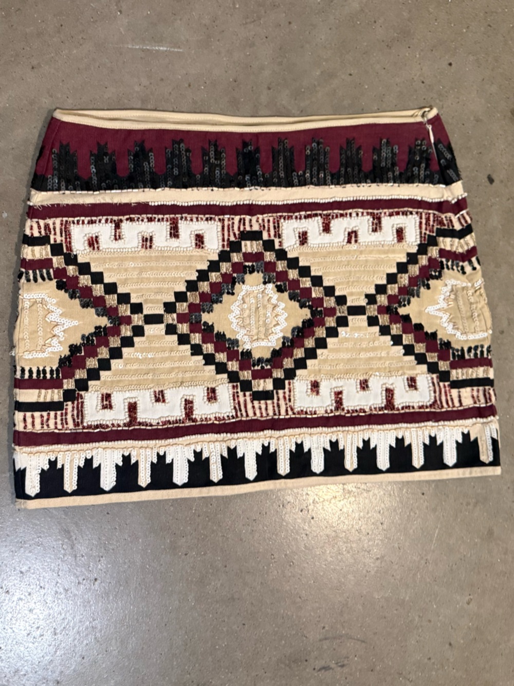Zara Geometric Embroidered Mini Skirt in Burgundy, Cream & Black